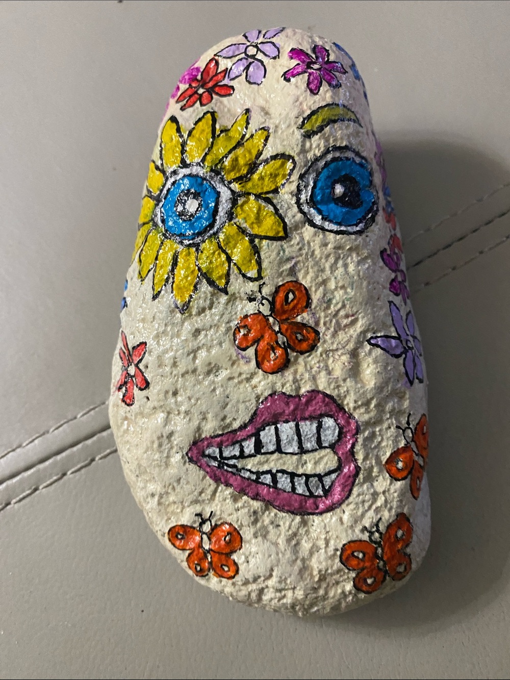 Hand-Painted Floral Face Rock Art Large